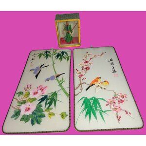 Lot of 3•Vintage Hand-Painted Chinese Silk Wall Art With Birds Flowers PLUS Guan